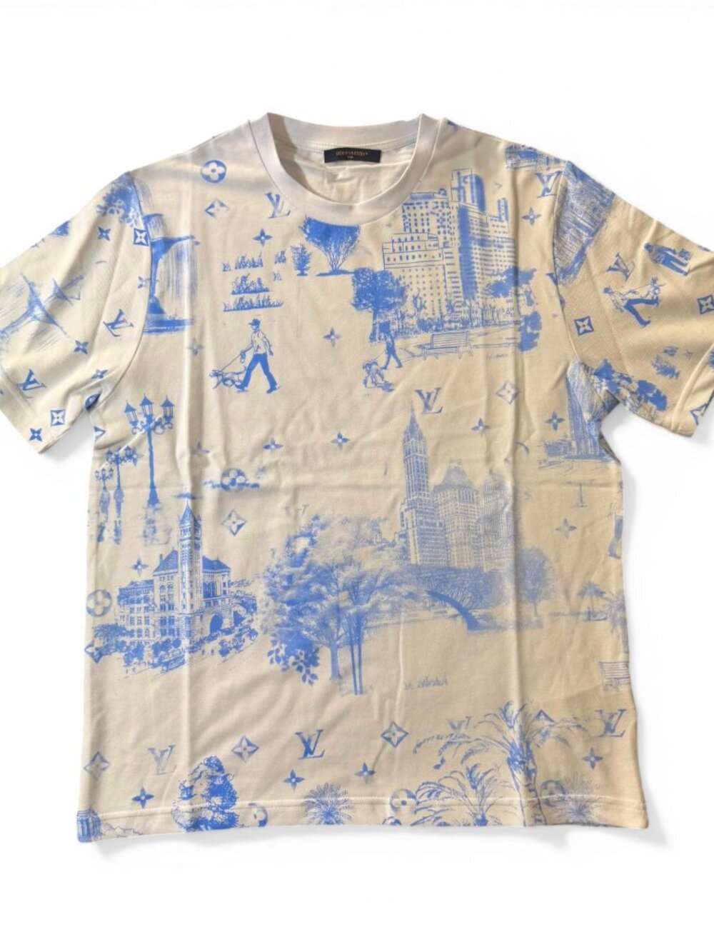 Louis Vuitton Toile de Jouy Blue Monogram Graphic T-Shirt White LV Tee Size XL
